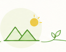 太陽と山々の田園風景のイラスト