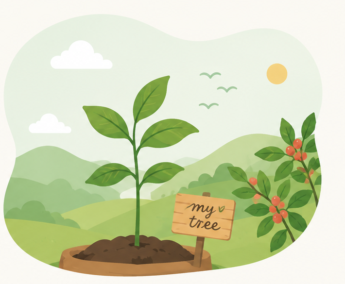my treeの木札が立てられた鉢植えのコーヒーの苗木。背景に田園と赤い実のコーヒーの木。