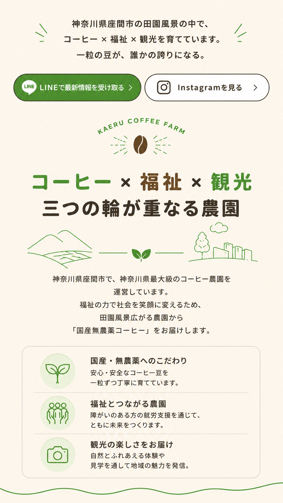 KAERUコーヒーファーム。コーヒー×福祉×観光 三つの輪が重なる農園。神奈川県座間市の田園風景の中で国産無農薬コーヒーを育てています。