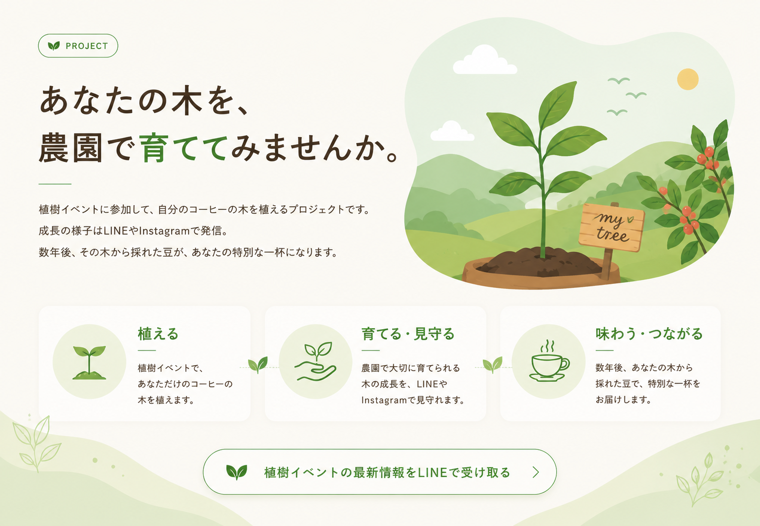あなたの木を農園で育ててみませんか。植樹イベントに参加して自分のコーヒーの木を植えるプロジェクト。成長の様子はLINEやInstagramで配信。数年後にその木から採れた豆であなただけのコーヒーに。植える・育てる・見守る・味わうつながる。